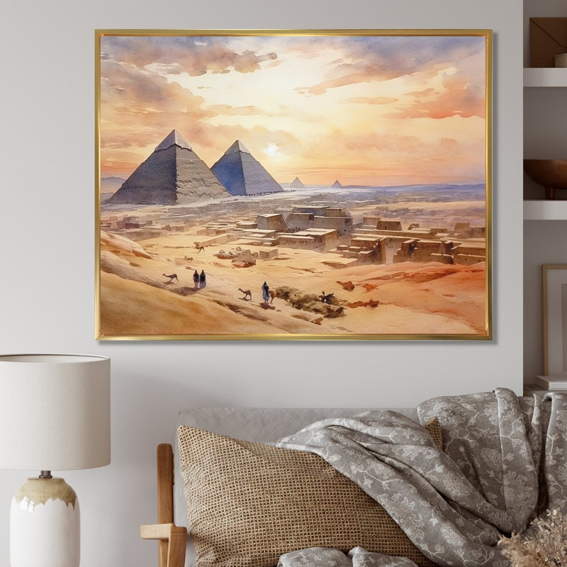 «The Pyramid Of Giza Desert Landscape», reproduction sur toile, Cadre flottant doré, H 16 po x l 32 po x P 1 po