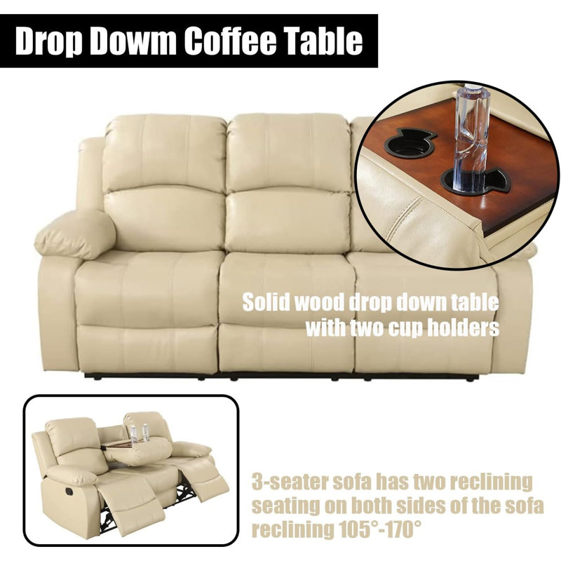 Beige Faux Leather 3-Piece Reclining Sofa Set with Cup Holders