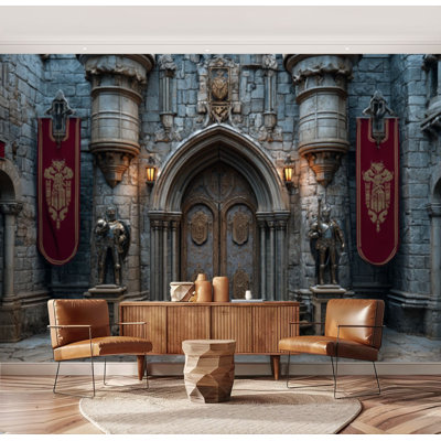 Wall Mural Peel and Stick Medieval Castle Ornate Wooden Door Knight Statues Large Wallpaper Self-Adhesive Removable Contact Paper Wall Decor for Living Room Bedroom Nursery 69"H x 96"W