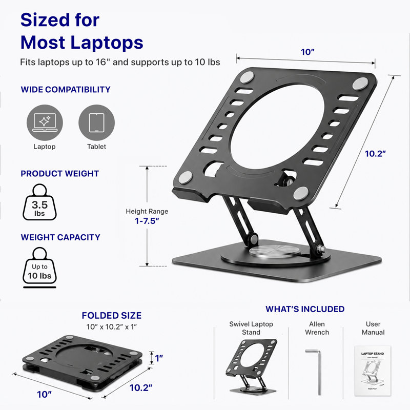 Support pivotant et réglable pour ordinateur portable - Rehausseur en acier rotatif à 360° avec réglage en hauteur et en inclinaison, compatible avec les ordinateurs portables jusqu'à 16 pouces.