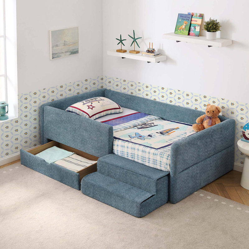 Lit simple multifonctionnel pour enfant avec garde-corps, marchepied de rangement et marchepied en tissu bouclé (80,5 po x 44,5 po x 23 po)