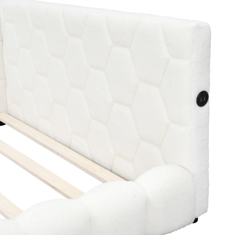 Lit tapissier blanc avec ports de charge et lumières à DEL - construction, matériaux d'éclairage de plateforme pleine grandeur faciles à utiliser, conception d'espace
