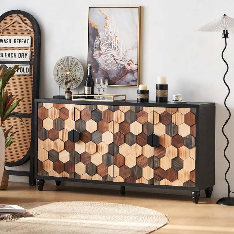 Buffet de style moderne patiné avec portes et nid d'abeilles pour le salon - l 59,8 po x H 31,9 po x P 15,7 po