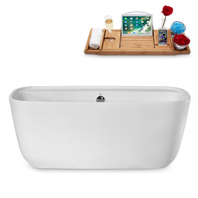 59" Streamline Freestanding Soaking Acrylic Bathtub With Drain and Bamboo Tray