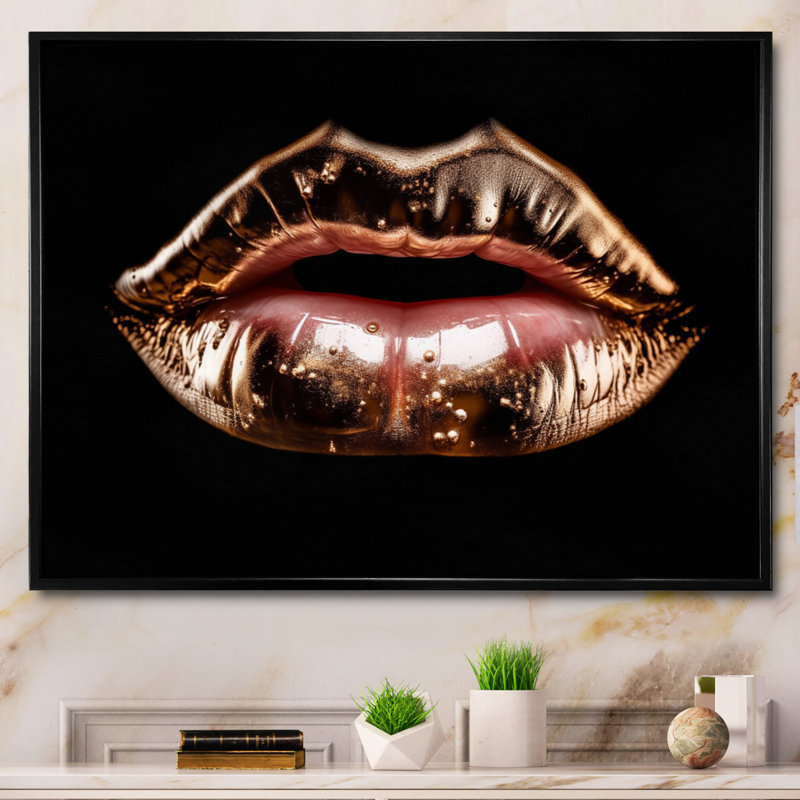Rosegold Lips of Luxury - imprimé, H 12 po x l 20 po x P 1 po, Cadre flottant noir