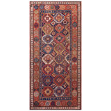 1890s Blue Geometric Antique Caucasian Kazak Rug 4'X8'2" Handknotted Wool Carpet