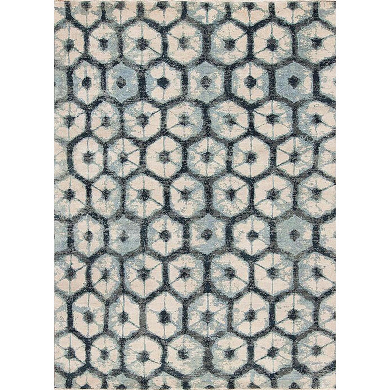 Shibori Hand Knotted Wool Area Rug in White/Blue/Black, Sample 2' x 3'