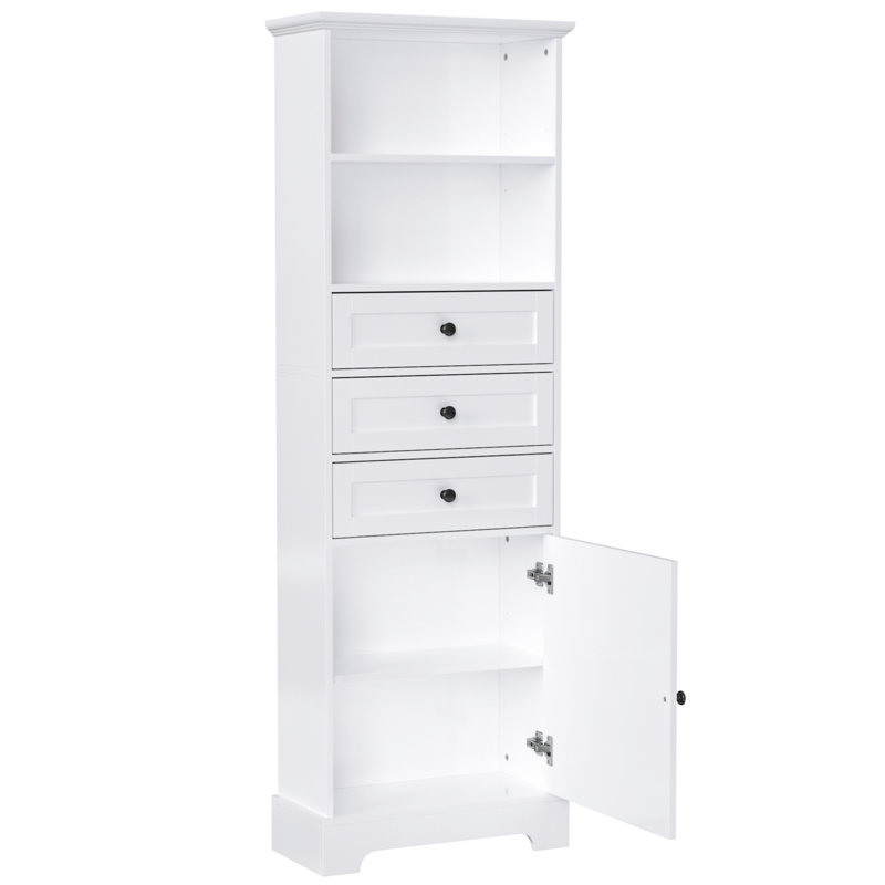 White Tall Storage Cabinet With 3 Drawers And Adjustable Shelves For Bathroom, Study, Office And Interior, MDF Board With Painted Finish