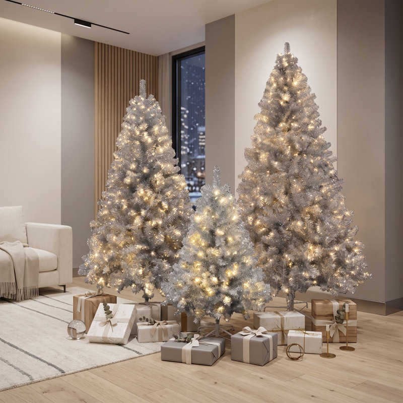 Ensemble de sapins de Noël artificiels pré-illuminés à charnières de 1,20 m, 1,80 m et 2,25 m, avec 2 400 extrémités de branches en PVC et 850 lumières DEL pour la maison, le bureau ou l'école.