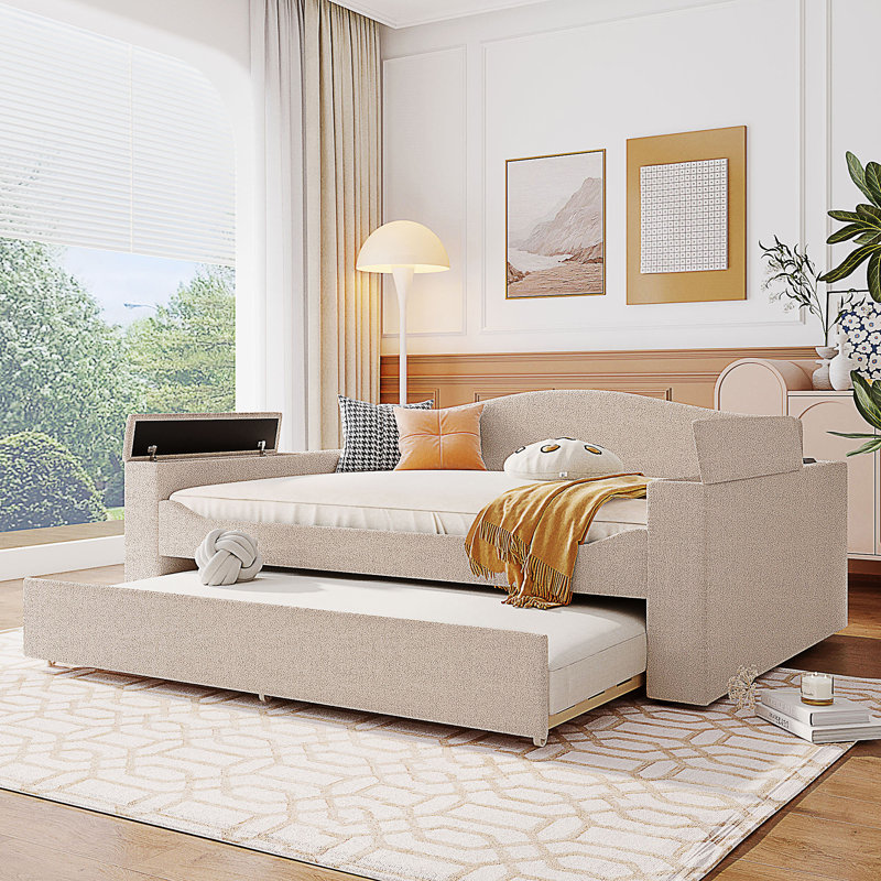 Lit de jour rembourré avec accoudoirs de rangement, système audio Bluetooth intégré pour lit gigogne, Beige, Lit double