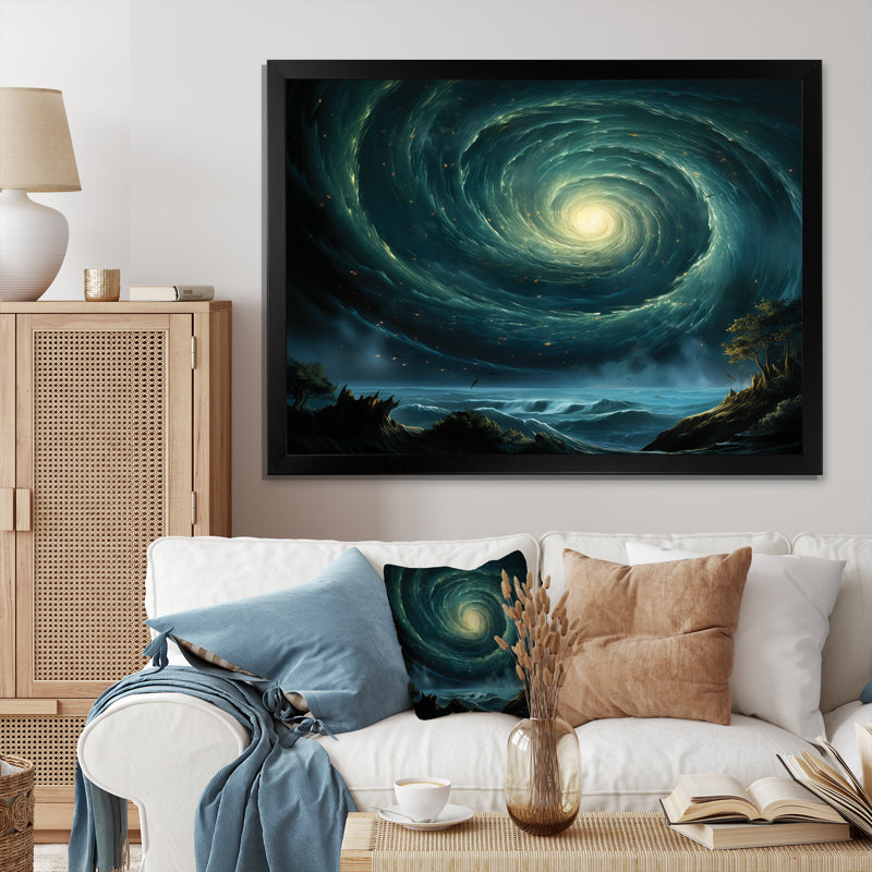Art mural vert vert trou noir céleste, Cadre d'angle fermé noir, H 34 po x l 44 po x P 1,5 po