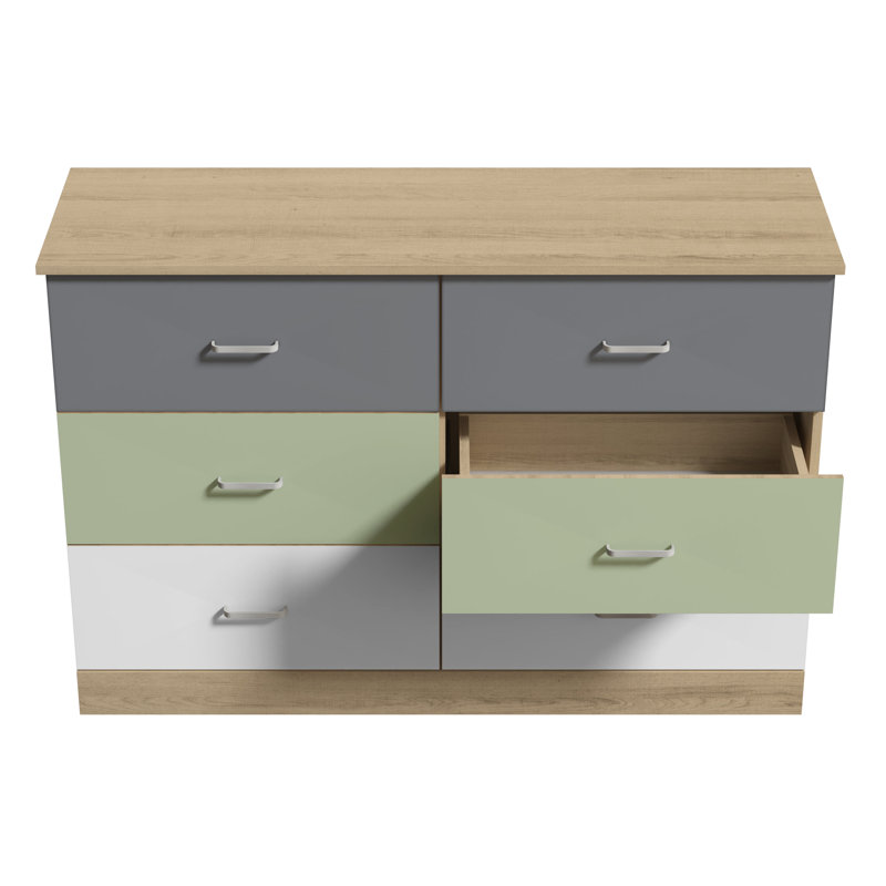 Commode double à 6 tiroirs Allyannah, Chêne Oslo / vert sauge / gris froid / blanc