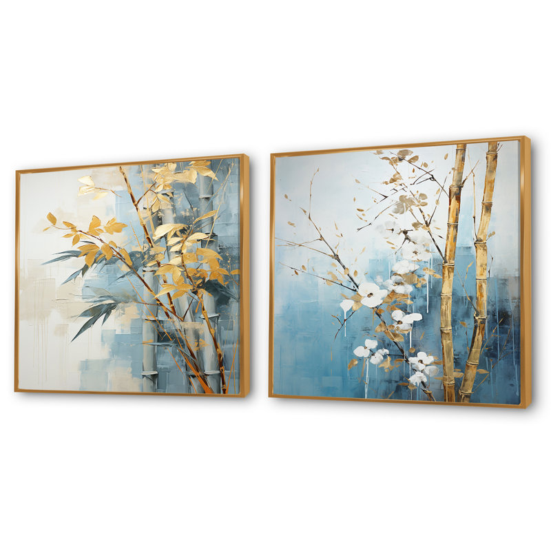 Ensemble de 2 collages carrés en bambou doré et bleu, H 16 po x l 33 po, Cadre flottant doré
