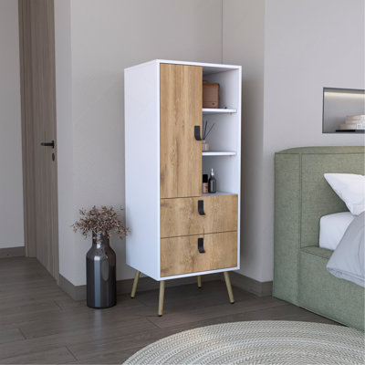Dresser 52"H Stylish Bedroom Storage Solution With 3 Open Shelves, 2 Drawers, And 1 Door, White / Macadamia