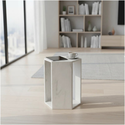 Table d'appoint hexagonale en marbre blanc naturel naturel - Piédestal en pierre au fini mat aiguisé - Table à boissons minimaliste moderne pour le salon et la chambre à coucher (16 cm x 40 cm / 6,3 po x 15,7 po)