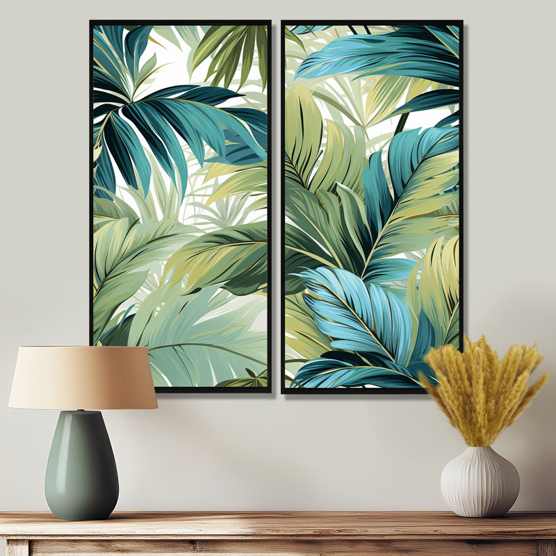 Palmier, motif tropical - art mural vert, H 20 po x l 24 po, Noir, Reproduction encadrée sans passe-partout