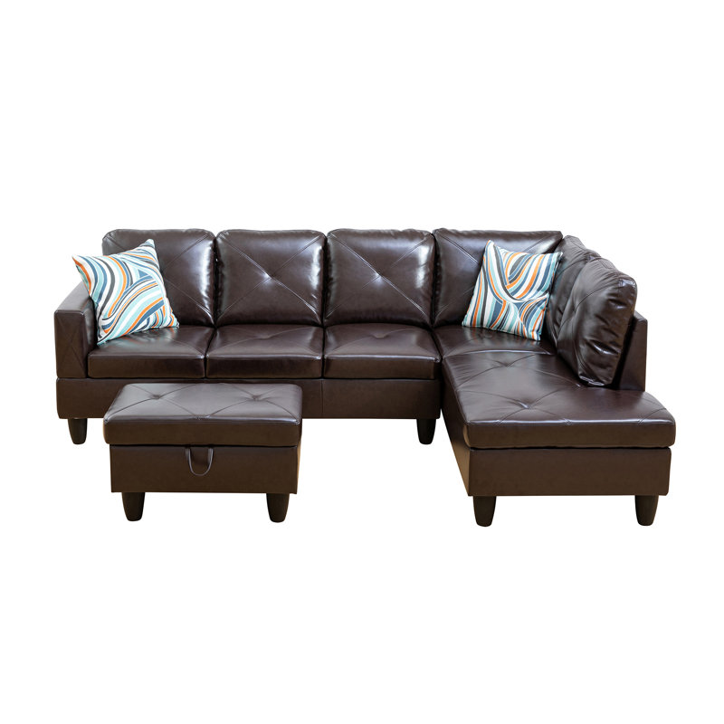 Brown Faux Leather 3-Piece Sectional Sofa Set with Storage Ottoman, Black, Brown Faux Leather, Right Hand Facing