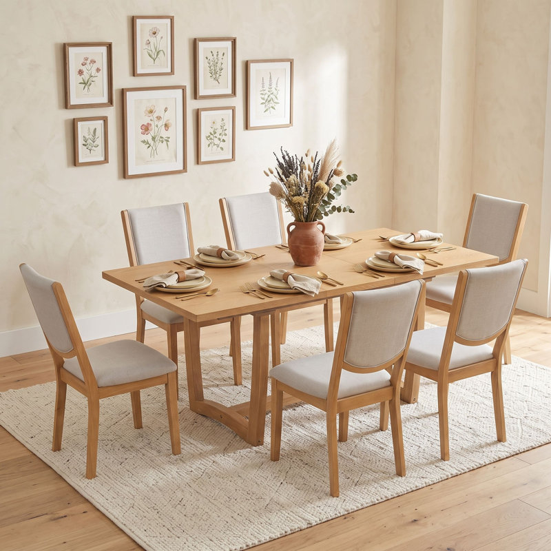 Ensemble de table de salle à manger extensible 7 pièces avec table rectangulaire, 6 chaises rembourrées à dossier incurvé