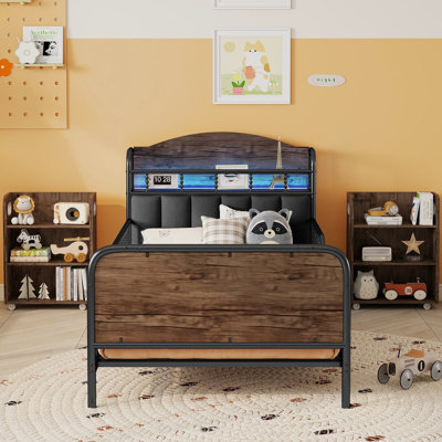 Lit simple en métal, rails polyvalents, rangement escamotable, coins, bandes à DEL noires, 3 tablettes de rangement,