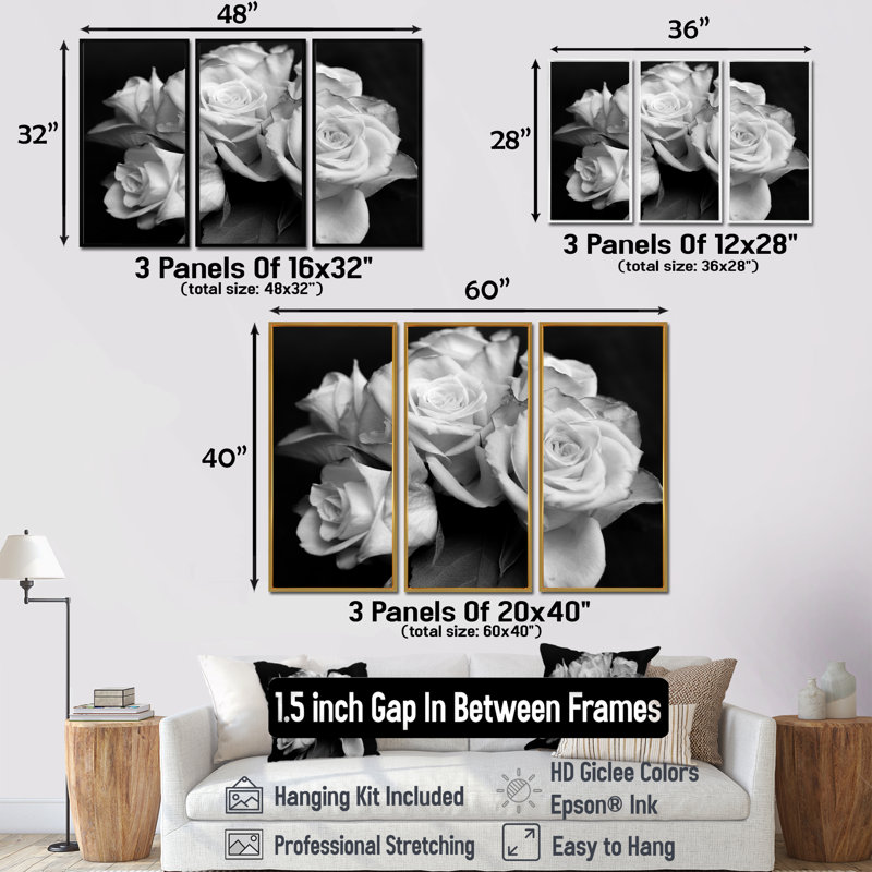 «Bunch Of Roses», ensemble de 3 reproductions d'art murales sur toile, H 28 po x l 36 po, Argent