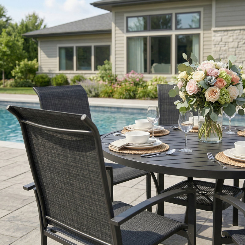 6-Person Round Patio Dining Set With Stackable Textilene Chairs, Black/Black