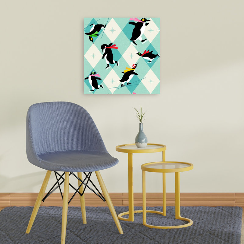 Winter Penguin Fun Geometric Playful Retro Bird Penguin Winter Landscape Wall Art Print by Dominique Vari - Wrapped Canvas Print