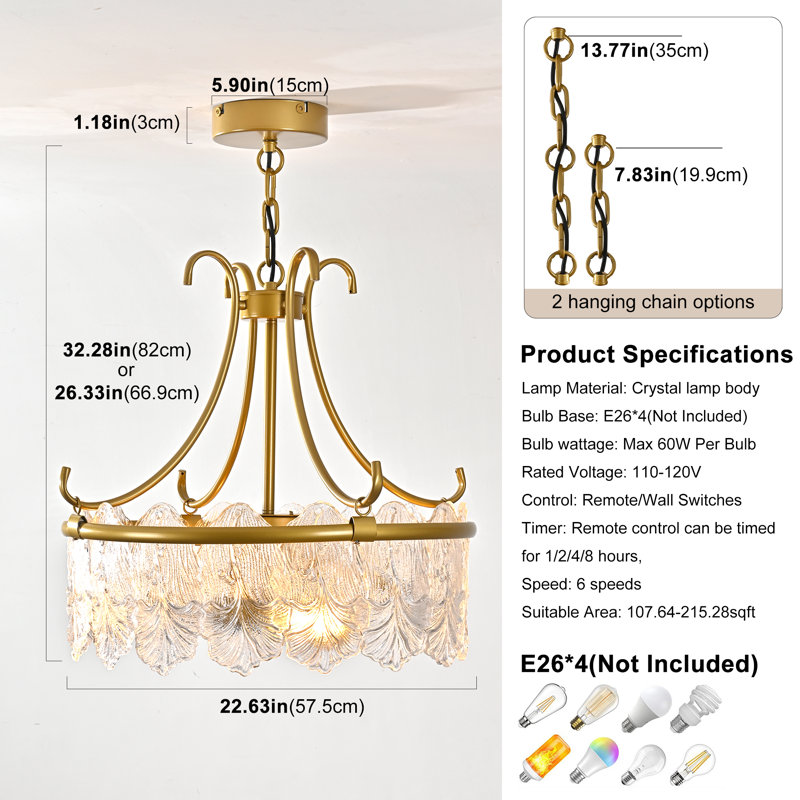22.64'' Crystal Caged Chandelier Ceiling Fan With Light Kit And Remote Control