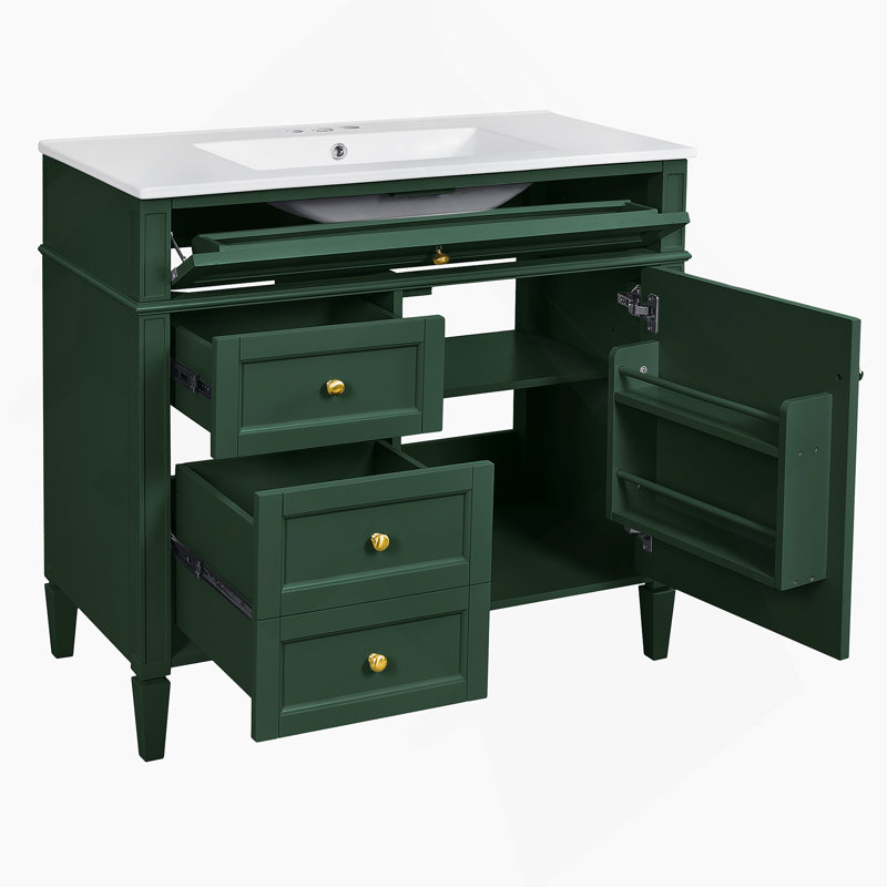 Meuble-lavabo 36 po avec armoire à pharmacie, armoire de rangement moderne avec 2 portes à fermeture douce et 4 tiroirs, meuble-lavabo simple