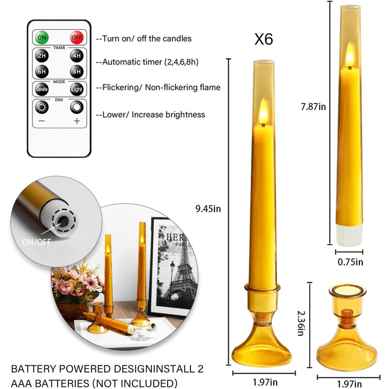 Flameless Taper Candles With Remote,6 PC Acrylic Battery Operated Candles With Candlesticks,Flickering Led Window Candles For Home Table And Wedding Decor(Red)
