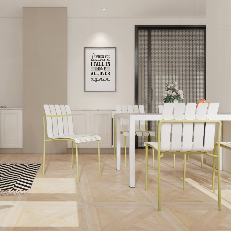 4-Pack Modern Striped Chairs,Waterproof PP Seat and Sturdy Metal Legs, Cream White/Grain Yellow