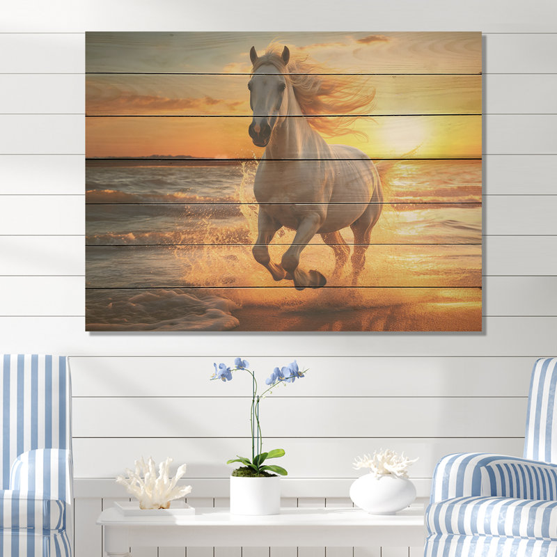 Cheval sauvage qui court sur la plage I - plage sur bois, H 34 po x l 44 po x P 0,78 po