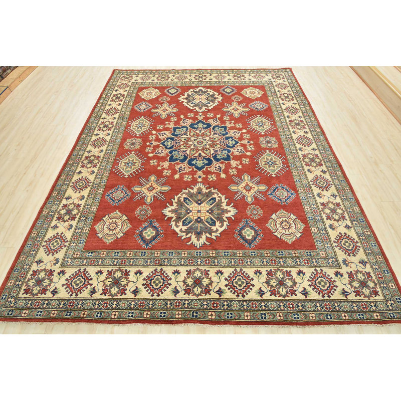 Tapis rouge en laine noué à la main de conception unique 8 pi 4 po x 10 pi Gaard