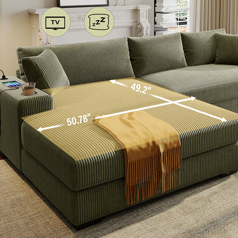Canapé modulaire surdimensionné de 111 po avec méridienne Cloud, Velours côtelé vert