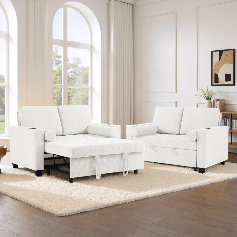 Upholstered Beige Corduroy Tufted Convertible Pull-Out  Multi-Functional Sleeper Sofa Bed - Adjustable Backrest With 2 Soft Pillows, USB Outlet and  Cup Holder (Set of 2)