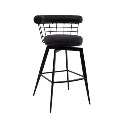 Stylish Indoor Black Swivel Barstool with Black Upholstered Cushion and Metal Wire Backrest