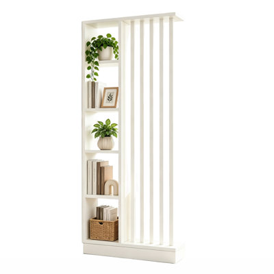 Freestanding White Room Divider with Storage Shelves, Slatted Room Partition Bookcase