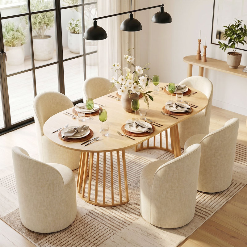 6 - Person Dining Table Sets With Extendabe Oval Table & 6 Upholstered Chenille Rolling Chairs, Brie