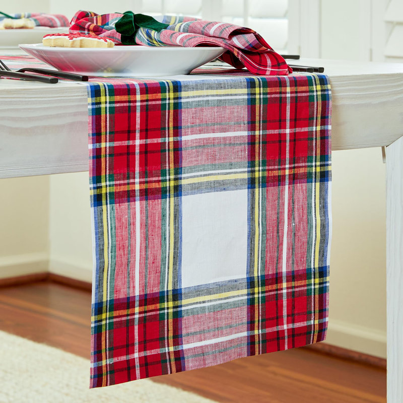 Stewart Plaid - 100% Pure Linen Christmas Table Runner, Red/White, 90" x 14"