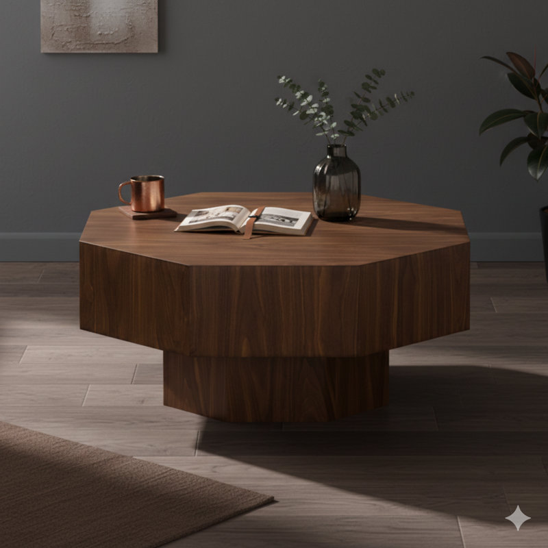 Table de cocktail de 30,51 pouces de forme octogonale en bois pour le salon au fini noyer, convenant à la chambre à coucher, au salon et au bureau