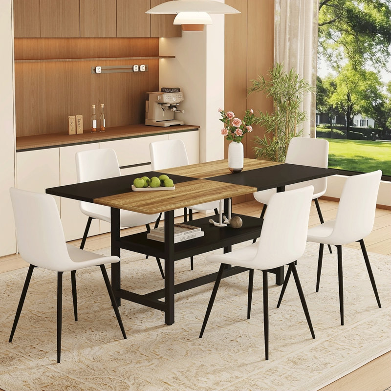 Table And Chair Set. Wooden And Black Spliced Dining Table With Storage Function In The Middle Of The Table Legs.Paired With Artificial PU Chairs With Curved Widened Cushion Design