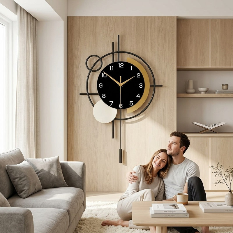 Horloge murale décorative avec pendule, quartz silencieux fonctionnant à piles pour la maison, Noir