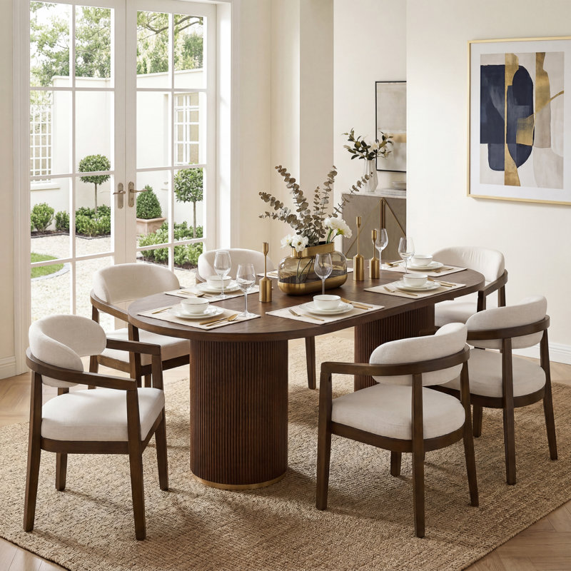 Ensemble de table de salle à manger 6 personnes Drake avec fauteuils rembourrés et base à double piédestal, Walnut