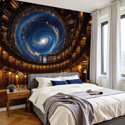 Peel and Stick Wallpaper Cosmic Library Starry Galaxy Ceiling Illuminated Pathway Wall Murals 100"H x 144"W Removable PVC Wall Paper Self-Adhesive Wall Decor for Bedroom Living Room Home Office Bathroom Nursery