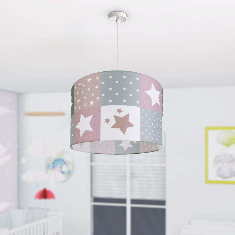 Drum pendant lamp 1-light Caton, 27cm H x 45.5cm W x 45.5cm D, Pink/Grey/Green/White, White