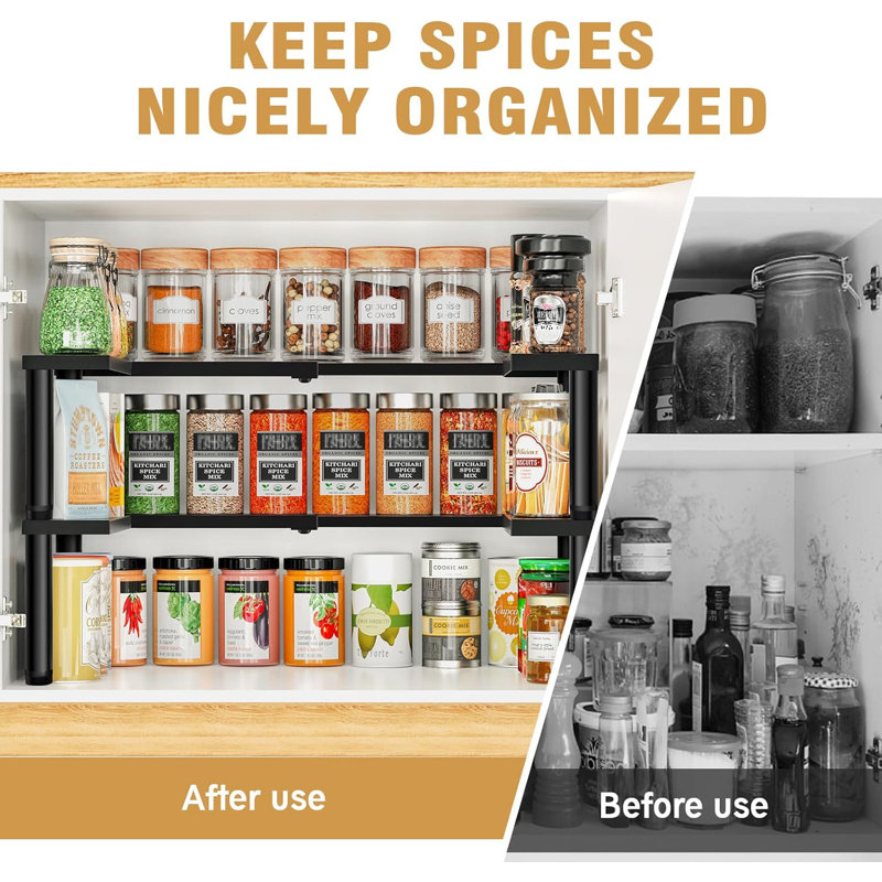 Expandable Black Metal 2-Tier Spice Rack Organizer