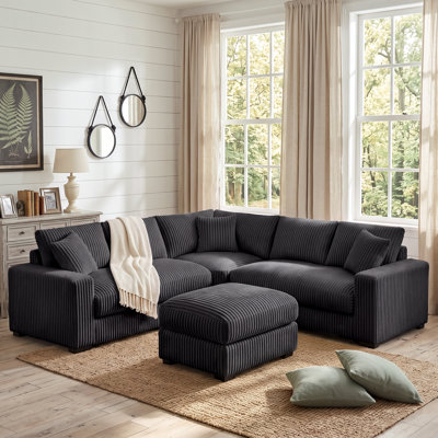 Canapé d'angle en velours côtelé de 251 cm avec pouf, canapé moderne et profond de style nuage pour le salon, canapé d'angle rembourré moelleux, capacité de charge de 816 kg, adapté aux enfants et aux animaux de compagnie