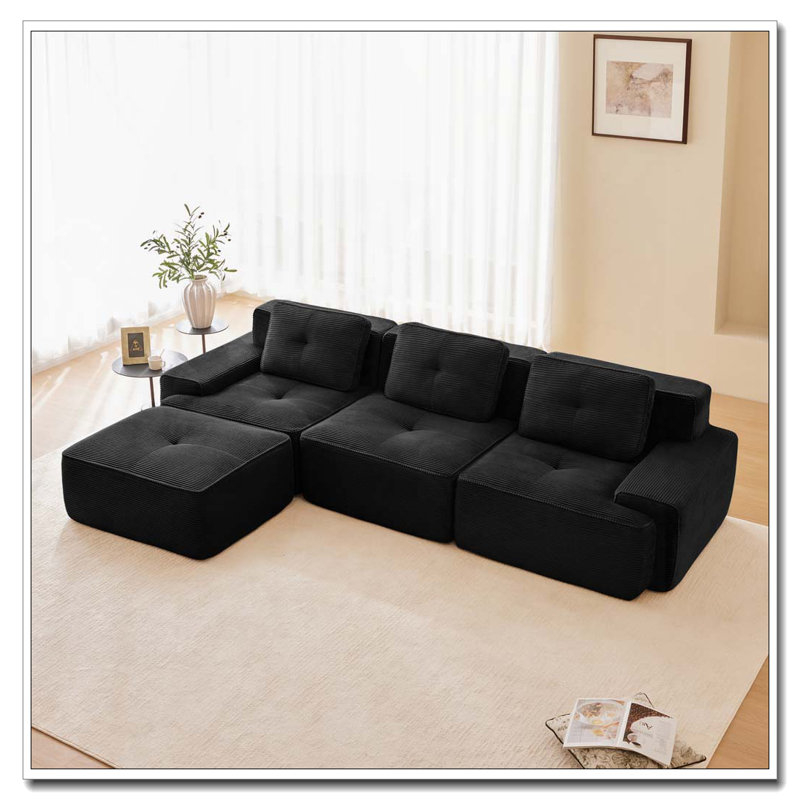 Canapé moderne en velours côtelé, Noir - 3 sièges + 1 fauteuil