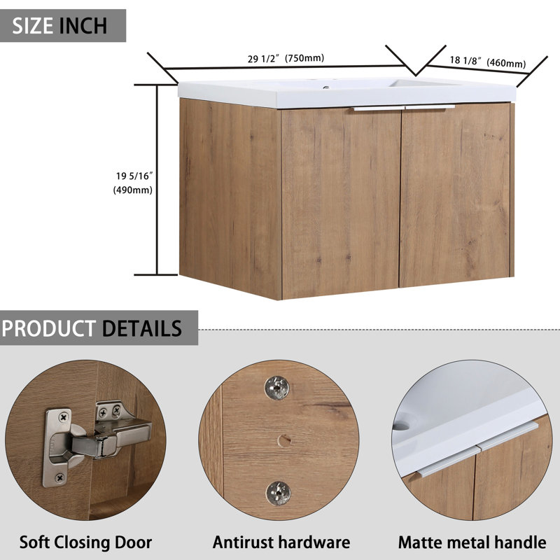 Meuble-lavabo moderne avec lavabo et armoire latérale - fixation murale 30 po, pour une salle de bain tendance et calme, 30"