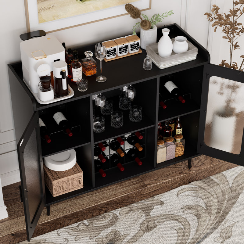 Xachary 40'' Wine Bar Cabinet with 4-Tier Storage for Glasses with LED Lights, Sideboard with Doors, Black