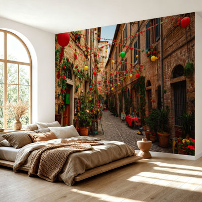 Wall Mural Peel and Stick Wallpaper Colorful Italian Street Festive Decorations Rustic Self-Adhesive Removable Contact Paper Wall Decor for Living Room Bedroom 69"H x 96"W
